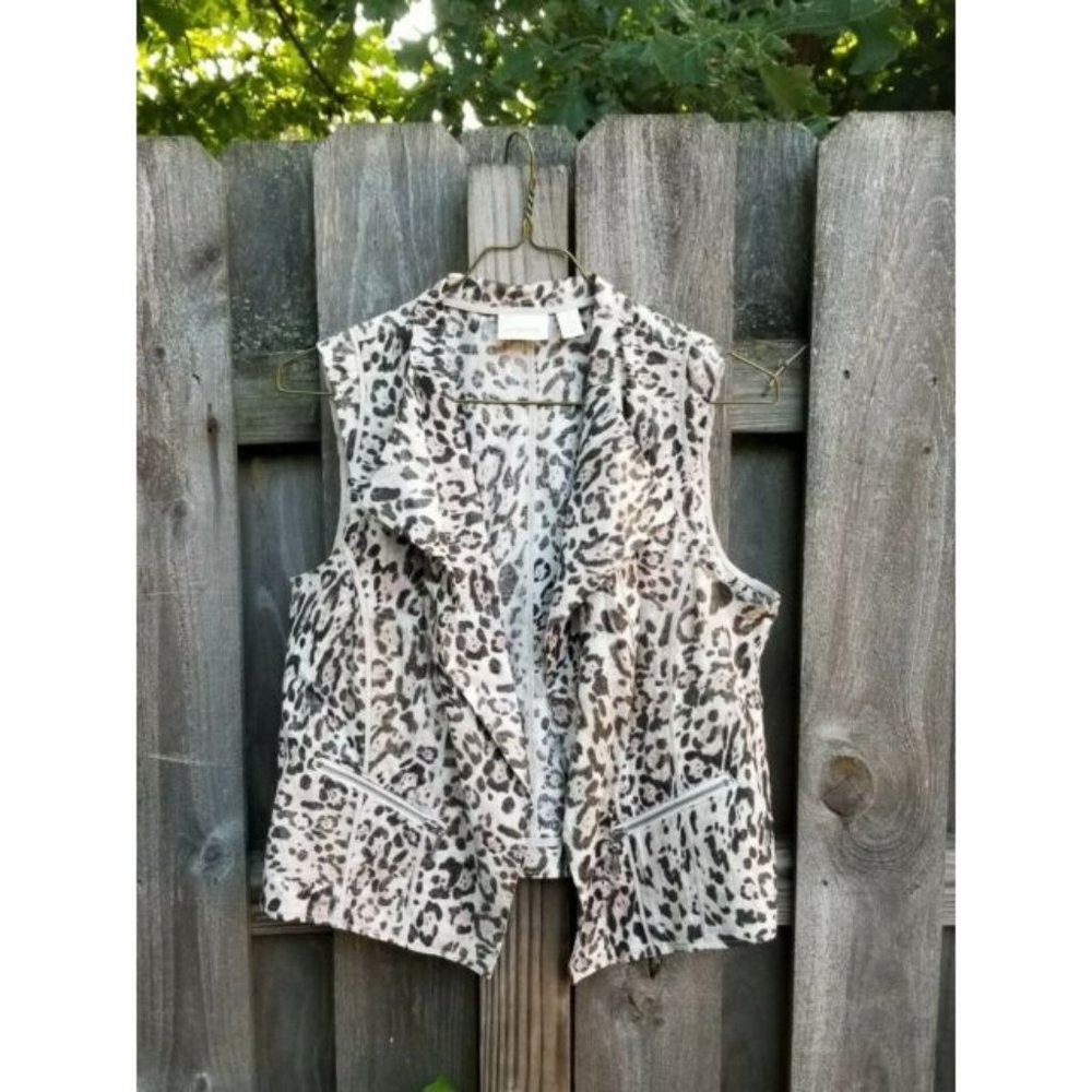 Chico's Size 2 Animal Print Open Front Linen Blend Vest Large / 12 US